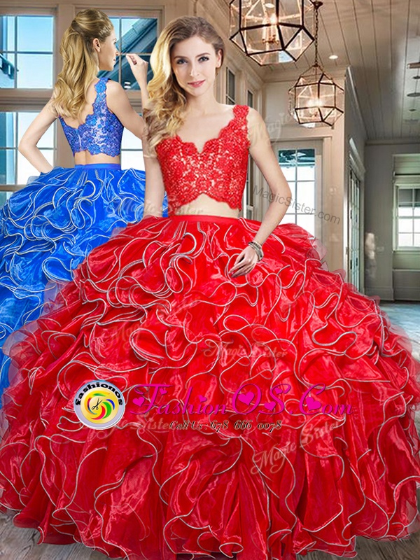 Custom Fit Red Sleeveless Organza Zipper 15th Birthday Dress for Military Ball and Sweet 16 and Quinceanera