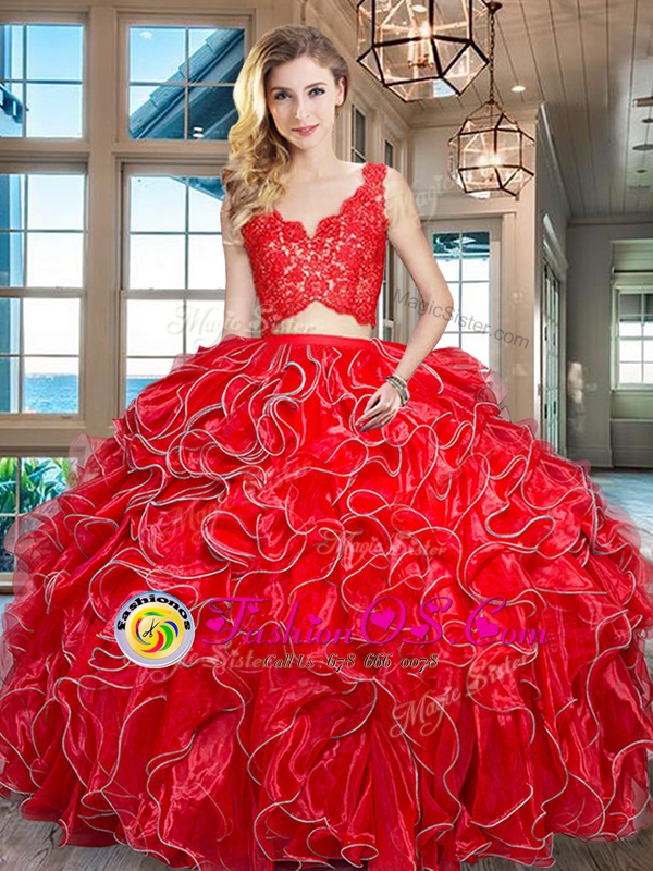 Custom Fit Red Sleeveless Organza Zipper 15th Birthday Dress for Military Ball and Sweet 16 and Quinceanera