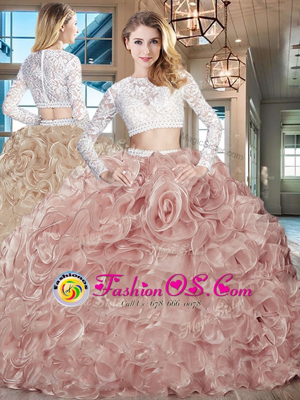 Edgy Scoop Long Sleeves Beading and Lace and Ruffles Zipper 15th Birthday Dress with Pink Brush Train
