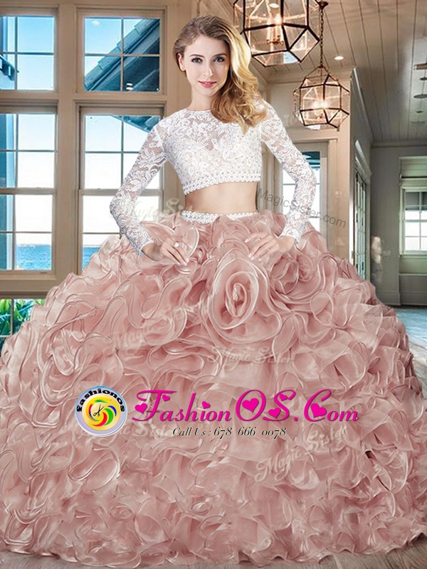 Edgy Scoop Long Sleeves Beading and Lace and Ruffles Zipper 15th Birthday Dress with Pink Brush Train