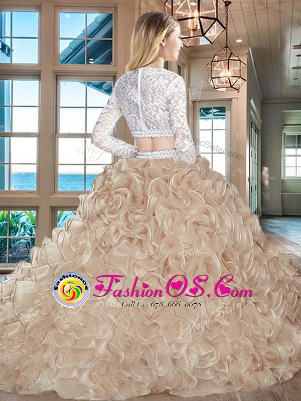 Edgy Scoop Long Sleeves Beading and Lace and Ruffles Zipper 15th Birthday Dress with Pink Brush Train