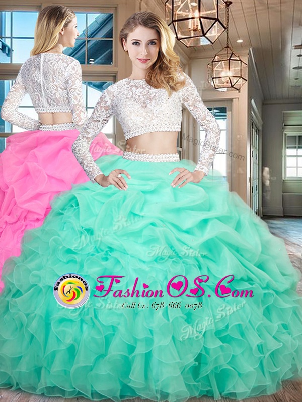 Scoop Apple Green Long Sleeves Beading and Lace and Ruffles Floor Length Quince Ball Gowns