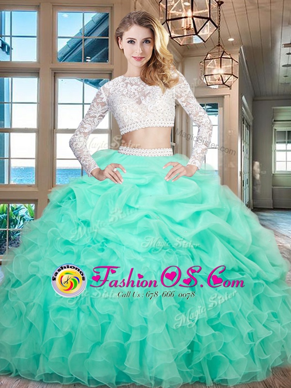 Scoop Apple Green Long Sleeves Beading and Lace and Ruffles Floor Length Quince Ball Gowns