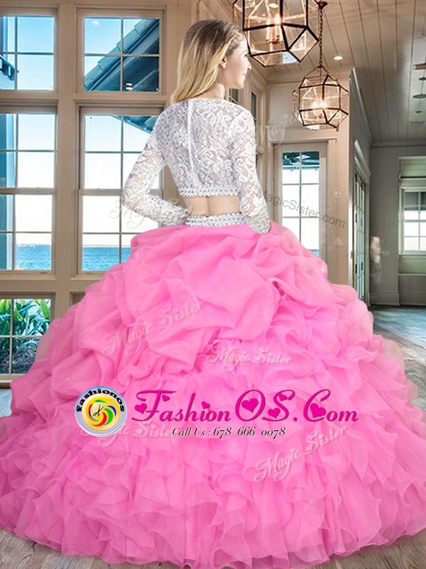 Scoop Apple Green Long Sleeves Beading and Lace and Ruffles Floor Length Quince Ball Gowns
