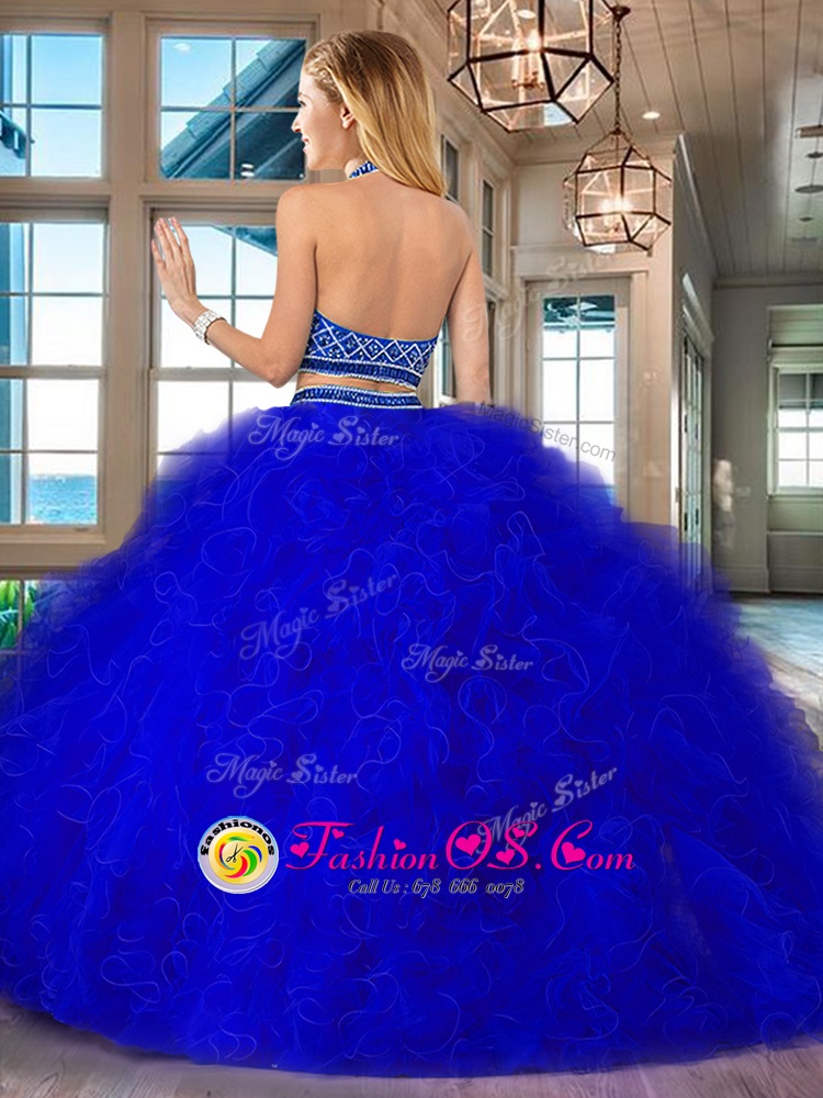Stunning Royal Blue Tulle Backless Halter Top Sleeveless Sweet 16 Quinceanera Dress Brush Train Beading and Ruffles