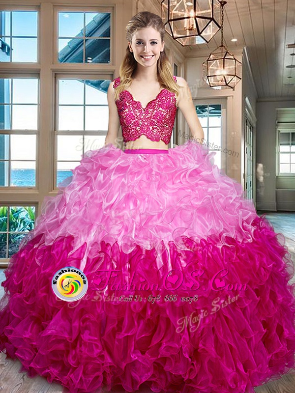 Two Pieces Ball Gown Prom Dress Multi-color V-neck Organza Sleeveless Floor Length Zipper
