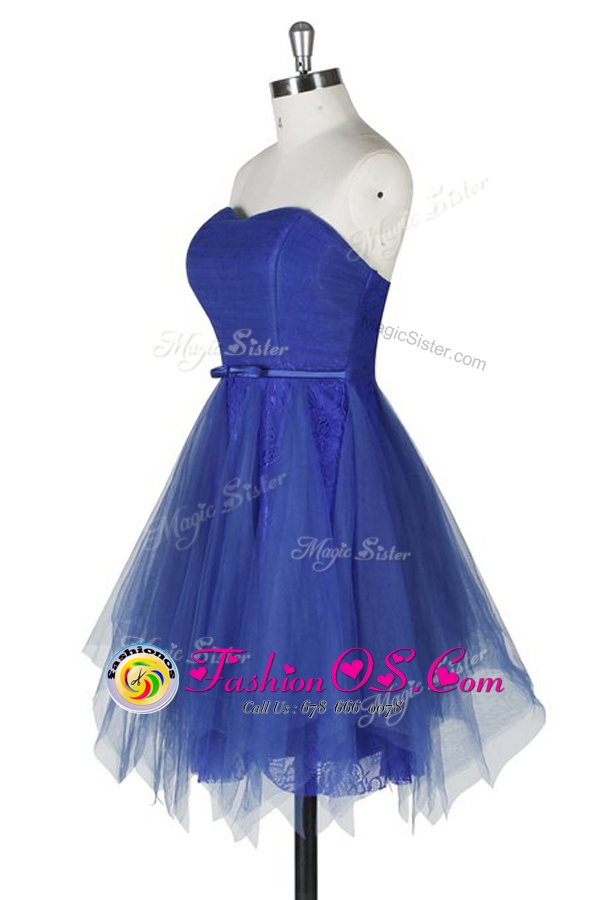 Affordable Sleeveless Tulle and Lace Knee Length Zipper Prom Dresses in Royal Blue for with Belt