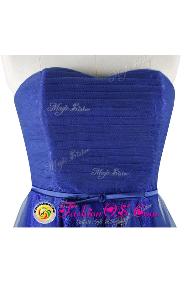 Affordable Sleeveless Tulle and Lace Knee Length Zipper Prom Dresses in Royal Blue for with Belt