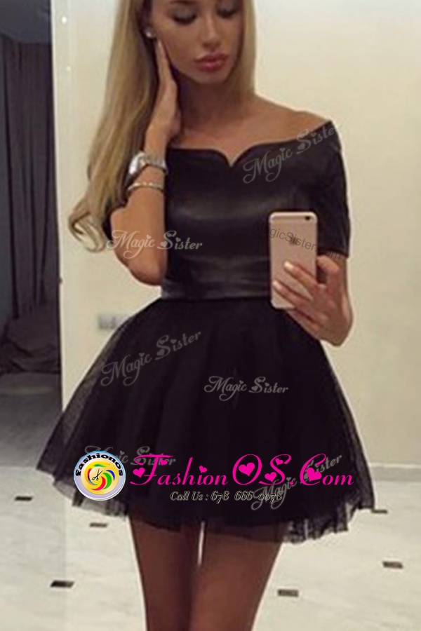Off the Shoulder Mini Length Black Prom Dress Tulle Short Sleeves Ruching