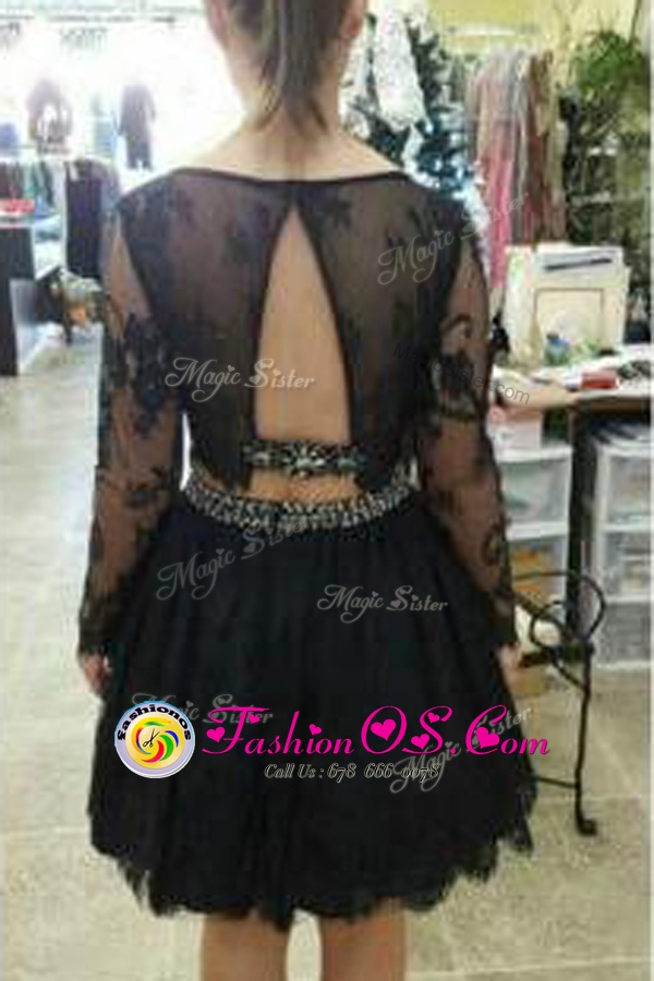 Scoop Long Sleeves Knee Length Lace Backless Homecoming Dress with Black