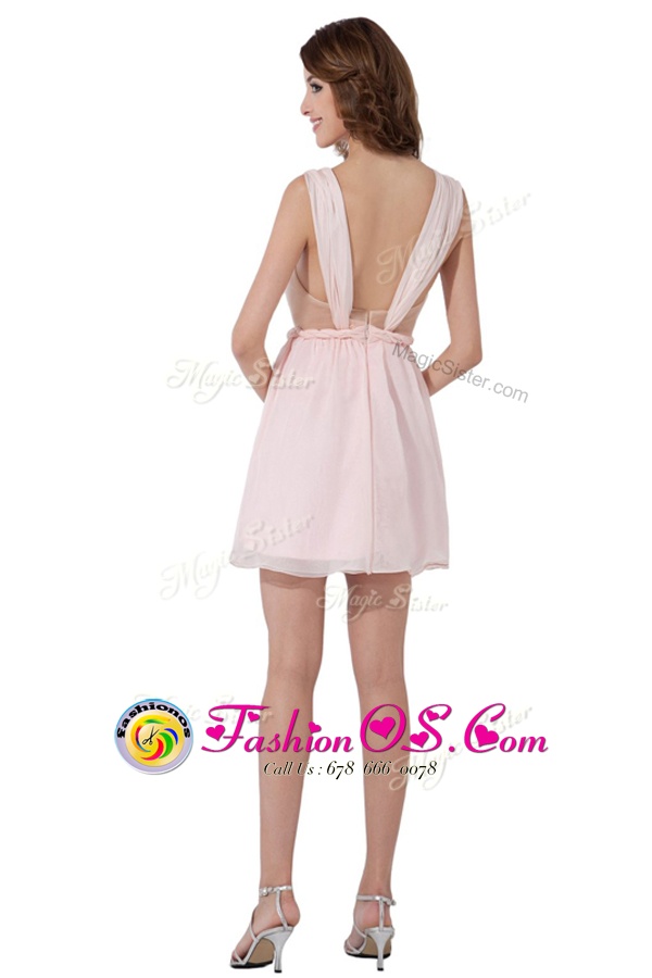 Baby Pink Chiffon Backless Prom Homecoming Dress Sleeveless Knee Length Ruching