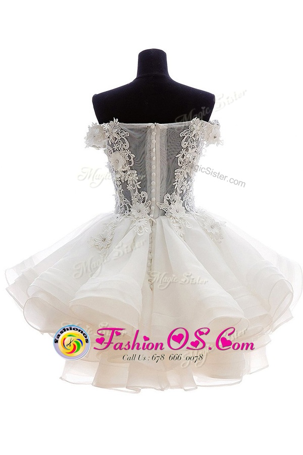 Off The Shoulder Sleeveless Prom Party Dress Knee Length Beading White Organza and Lace