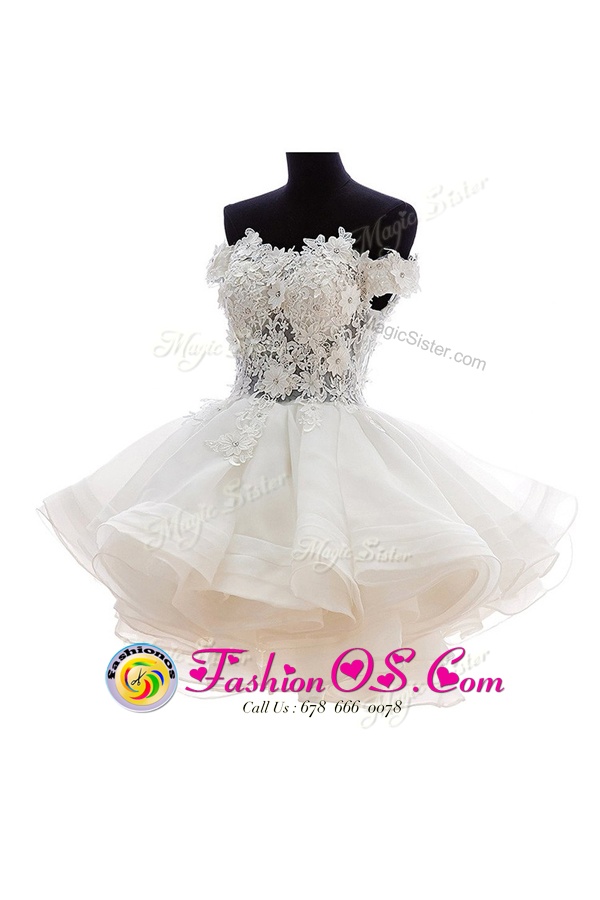 Off The Shoulder Sleeveless Prom Party Dress Knee Length Beading White Organza and Lace