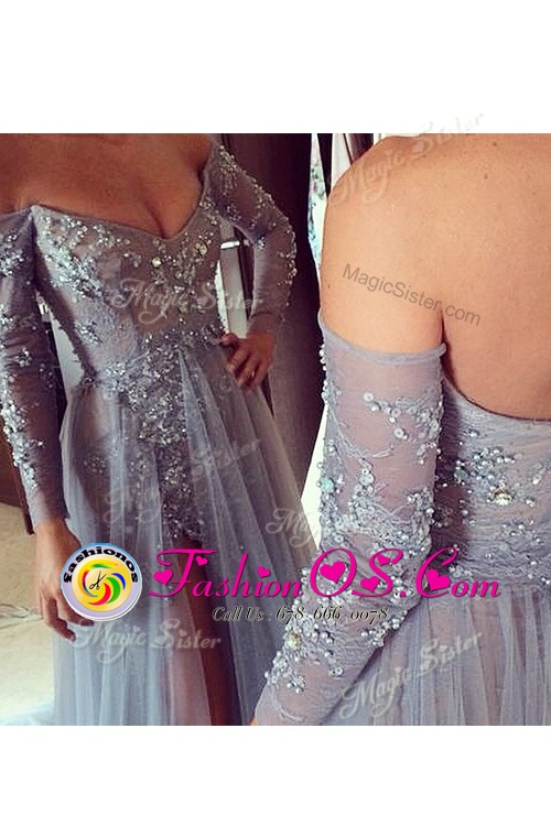 Hot Selling Off the Shoulder Grey Long Sleeves Organza Sweep Train Zipper Prom Dress for Prom and Party
