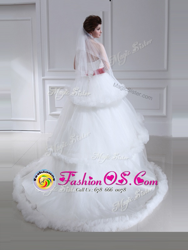 White Sleeveless With Train Beading and Ruffled Layers Lace Up Bridal Gown