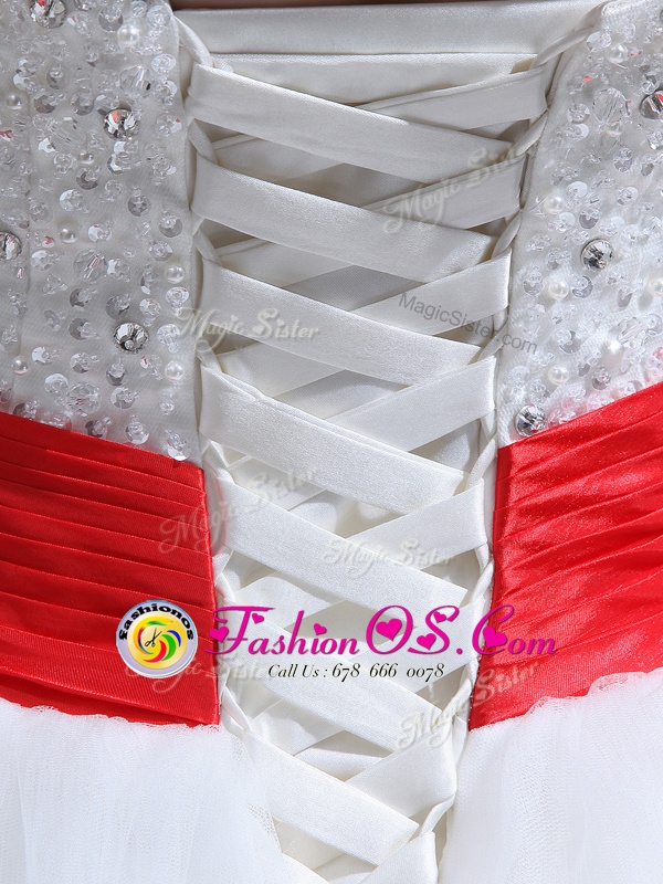 White Sleeveless With Train Beading and Ruffled Layers Lace Up Bridal Gown