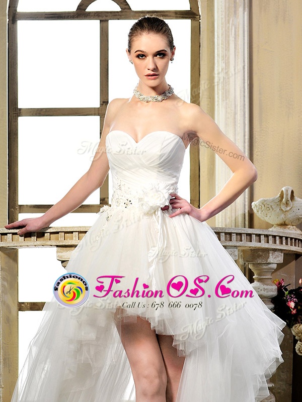 High Low White Wedding Dress Sweetheart Sleeveless Lace Up