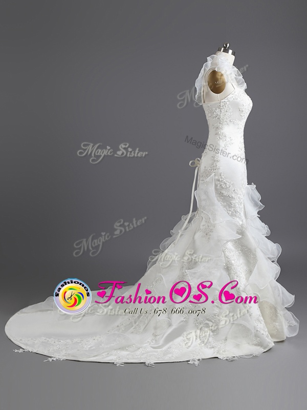 Mermaid White Sleeveless With Train Beading and Appliques and Ruffles Lace Up Wedding Gowns