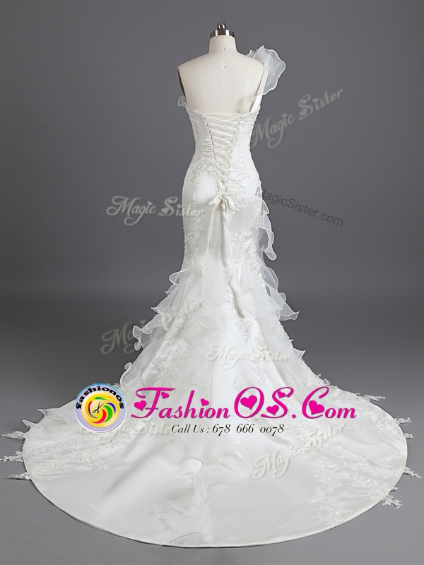 Mermaid White Sleeveless With Train Beading and Appliques and Ruffles Lace Up Wedding Gowns
