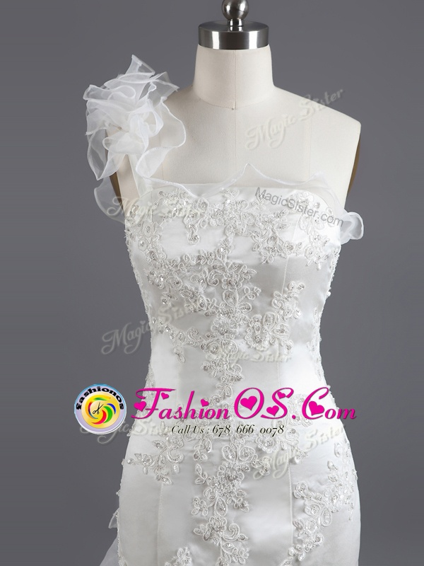 Mermaid White Sleeveless With Train Beading and Appliques and Ruffles Lace Up Wedding Gowns