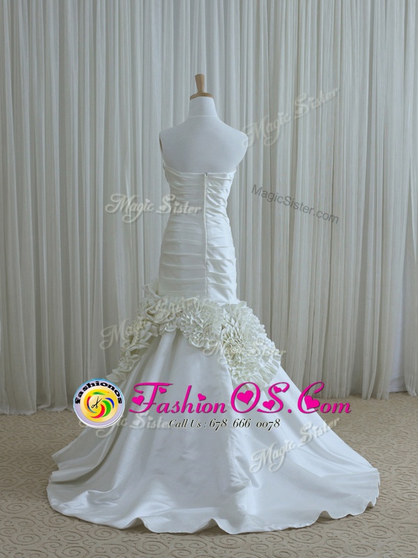Excellent Mermaid White Zipper Wedding Gown Ruching and Hand Made Flower Sleeveless Floor Length Brush Train
