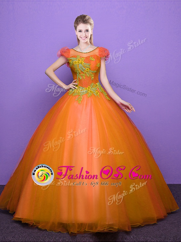 Orange Lace Up Scoop Appliques Sweet 16 Dress Tulle Short Sleeves
