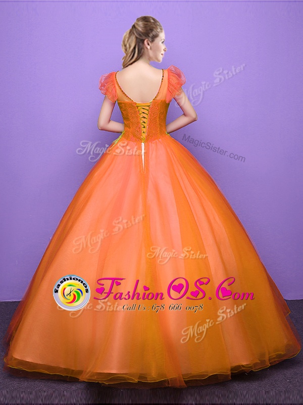 Orange Lace Up Scoop Appliques Sweet 16 Dress Tulle Short Sleeves