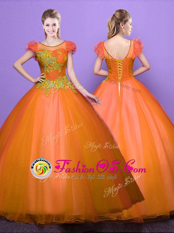 Orange Lace Up Scoop Appliques Sweet 16 Dress Tulle Short Sleeves